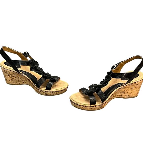 Bjorndal Liora Black Leather Strappy Flower Cork Wedge Comfort Sandal Women 9 - Picture 3 of 10
